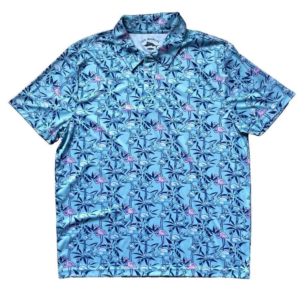 Joe Marlin Polo Shirt Men Large Blue Flamingo Bird Golf Performance All Over AOP